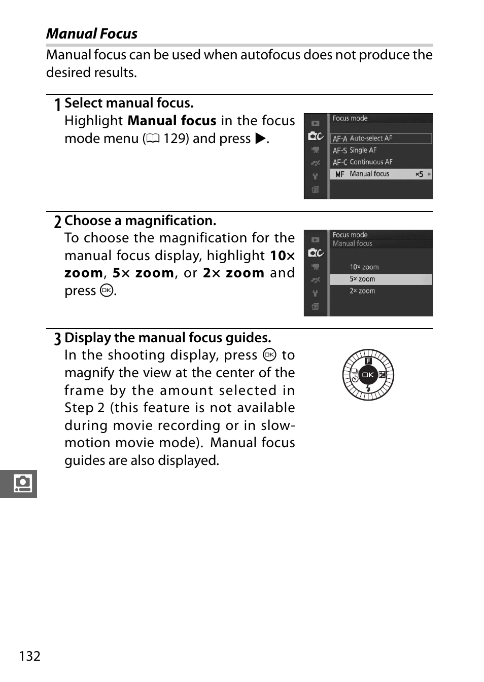 Manual focus, 0 132) or | Nikon J3 User Manual | Page 152 / 234