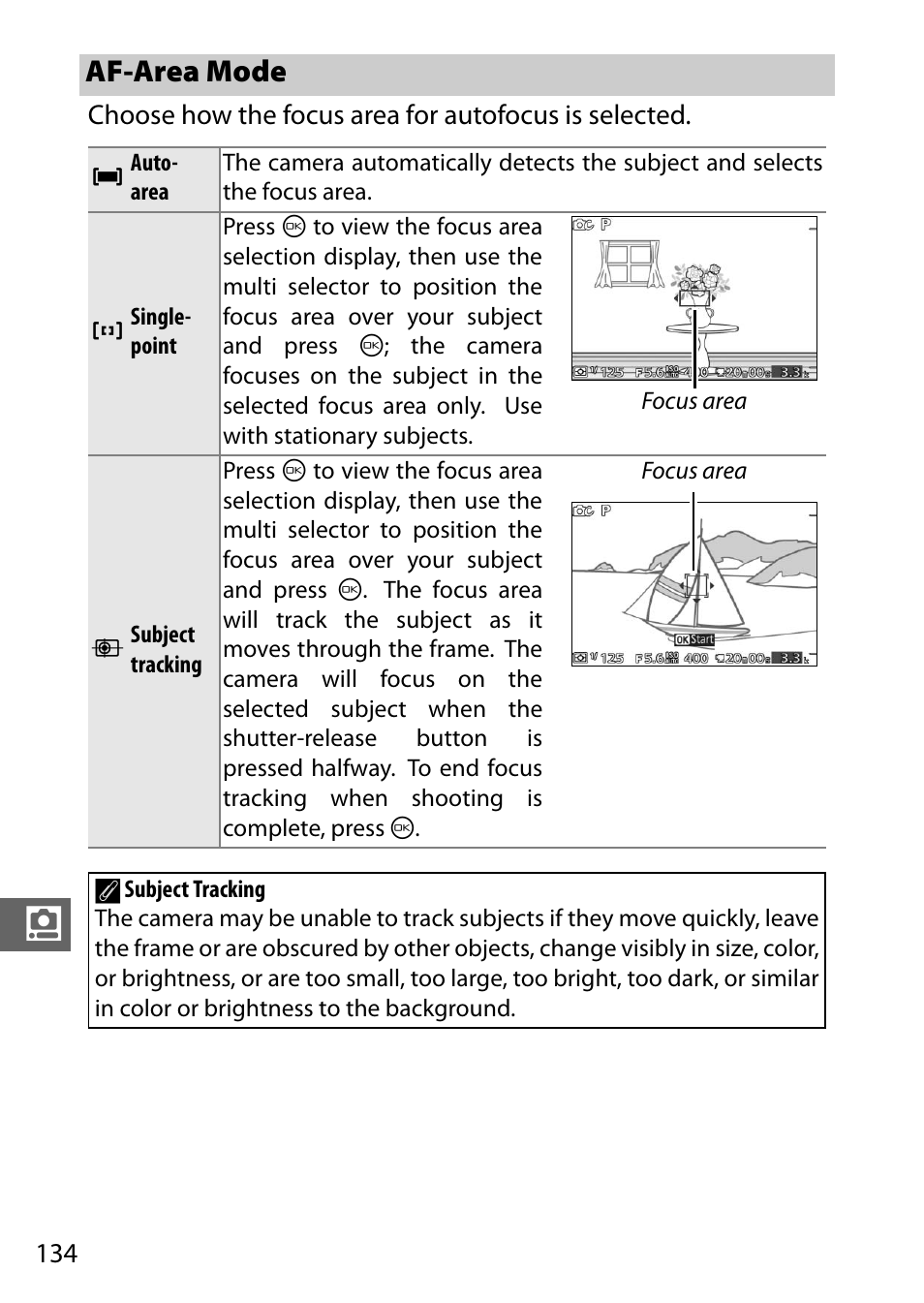 Af-area mode, 0 134); f | Nikon J3 User Manual | Page 154 / 234