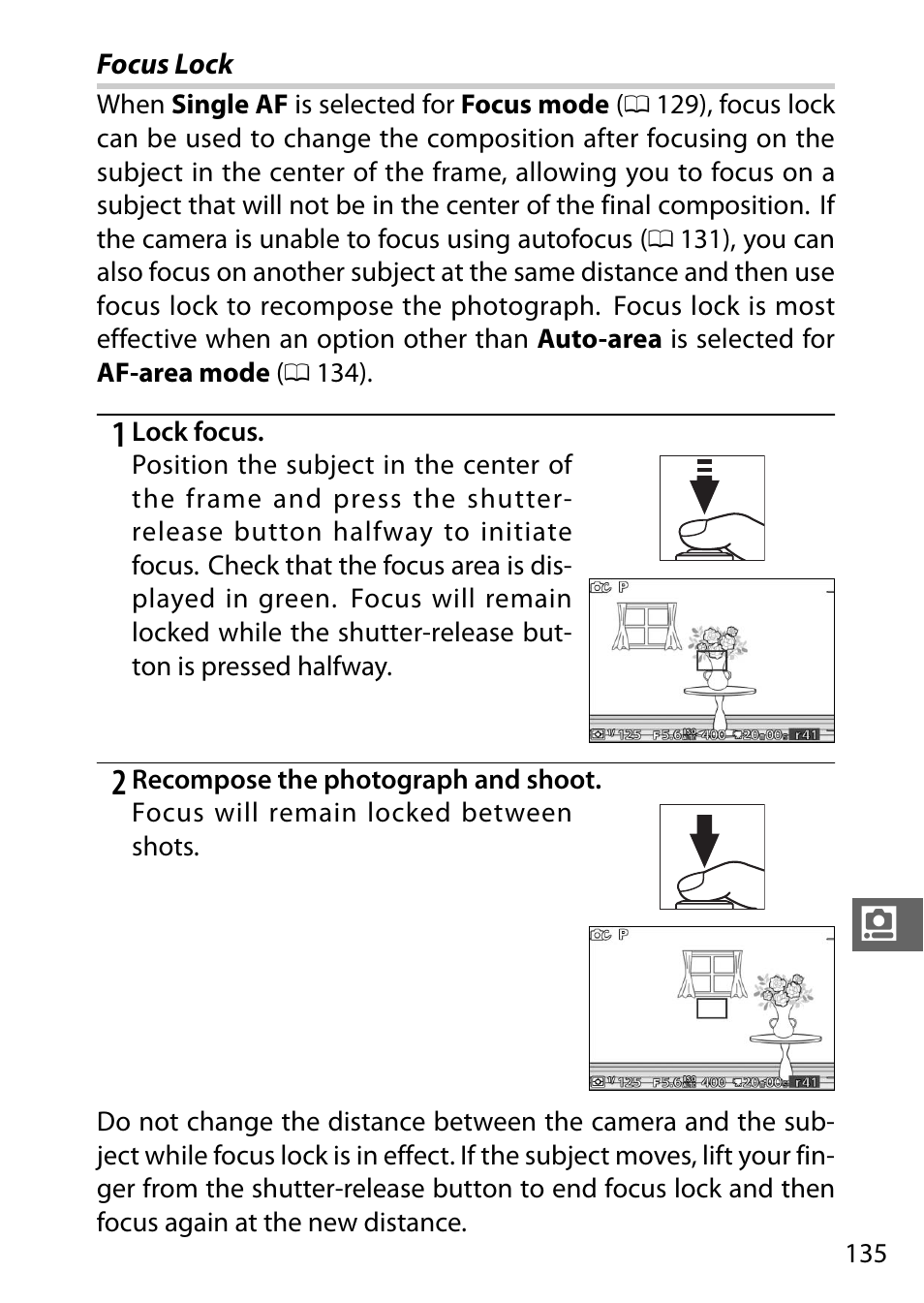 Focus lock, 0 135) t | Nikon J3 User Manual | Page 155 / 234