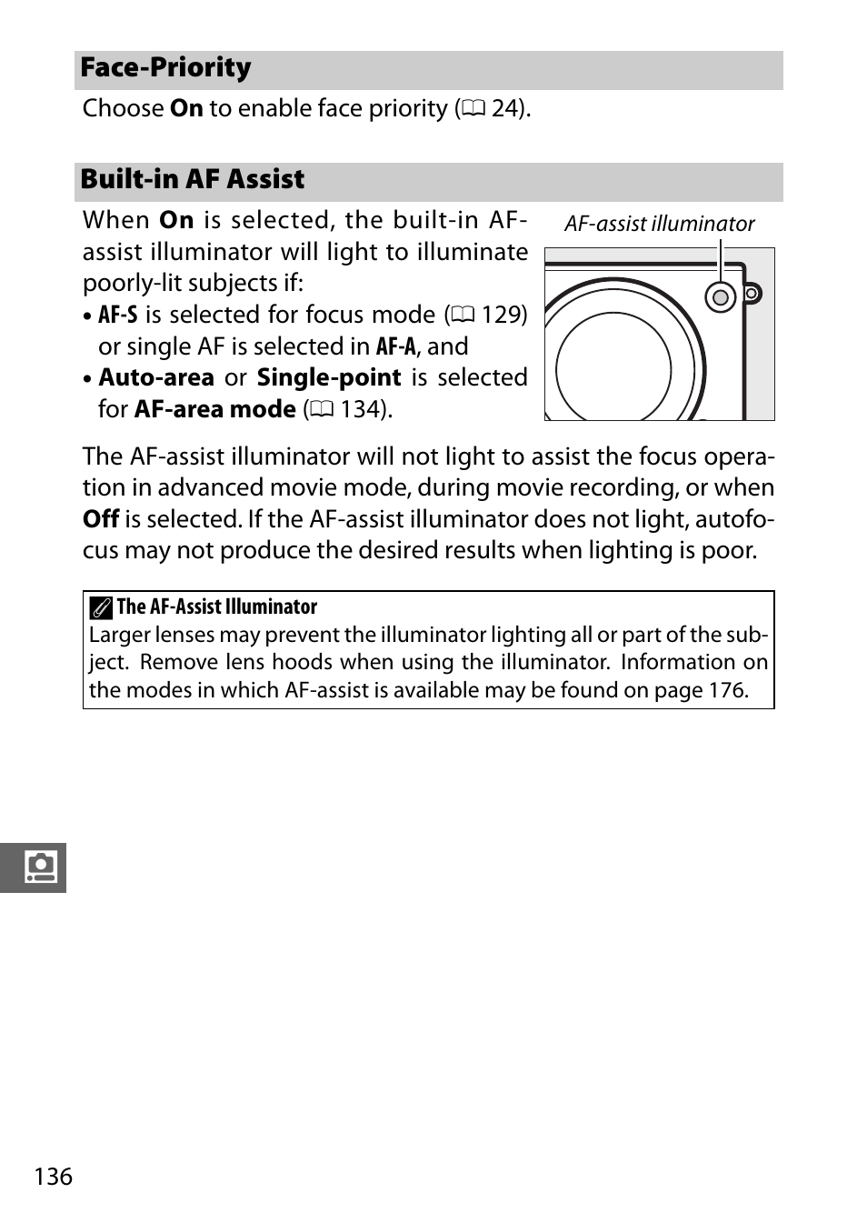 Face-priority, Built-in af assist, Face-priority built-in af assist | Nikon J3 User Manual | Page 156 / 234