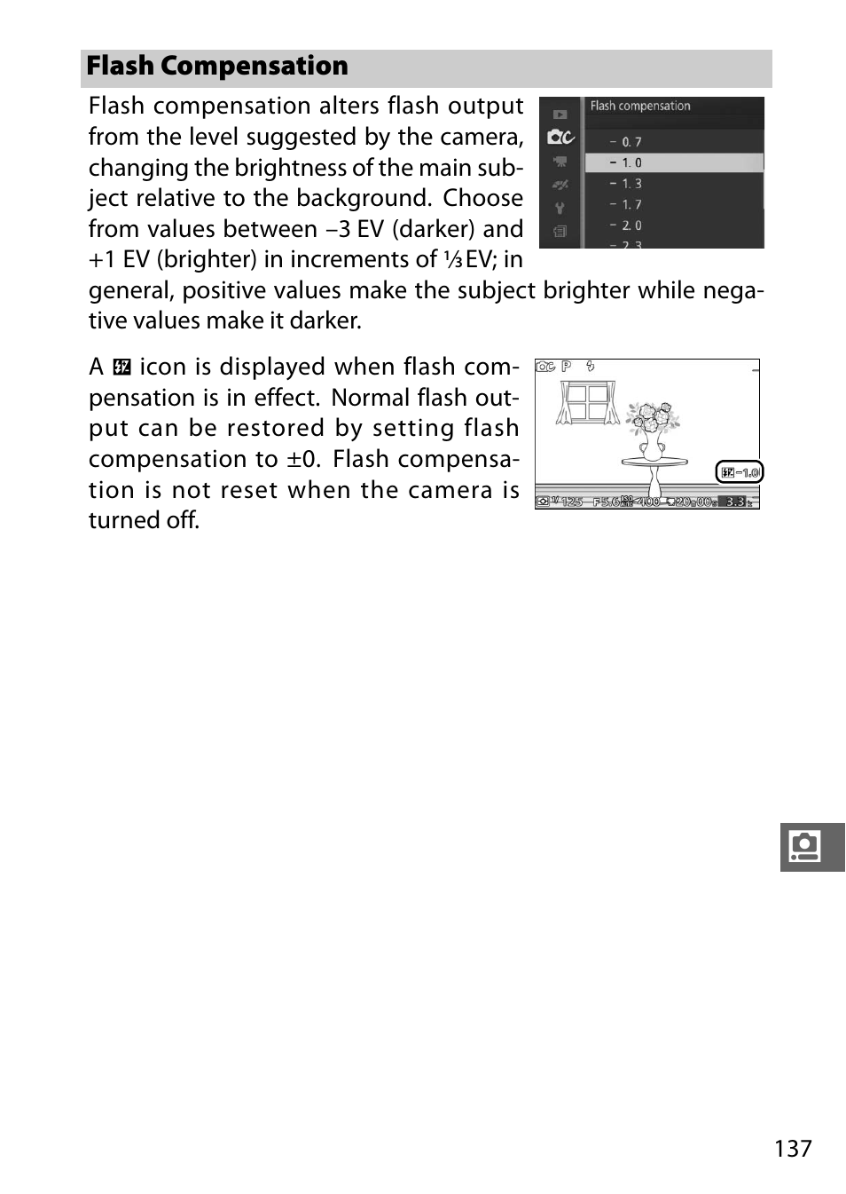 Flash compensation, 137 f | Nikon J3 User Manual | Page 157 / 234