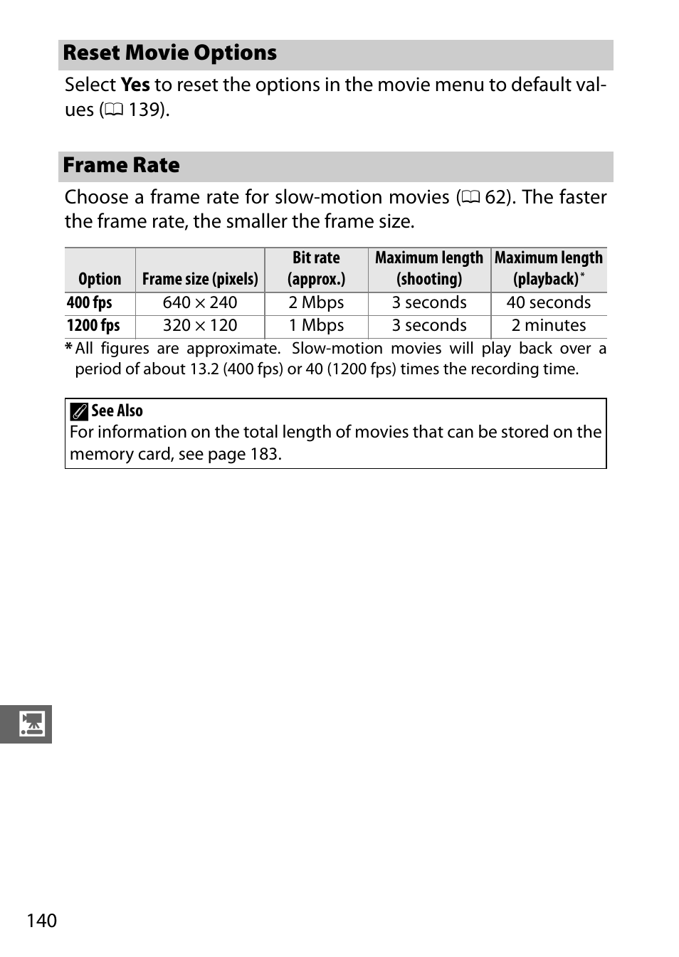 Reset movie options, Frame rate, Reset movie options frame rate | Nikon J3 User Manual | Page 160 / 234