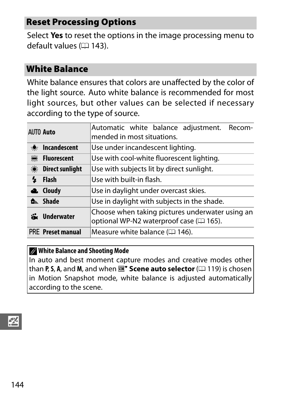 Reset processing options, White balance, Reset processing options white balance | Nikon J3 User Manual | Page 164 / 234