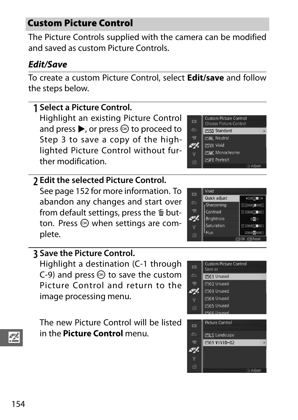 Custom picture control, Edit/save, Ocessing menu | Nikon J3 User Manual | Page 174 / 234