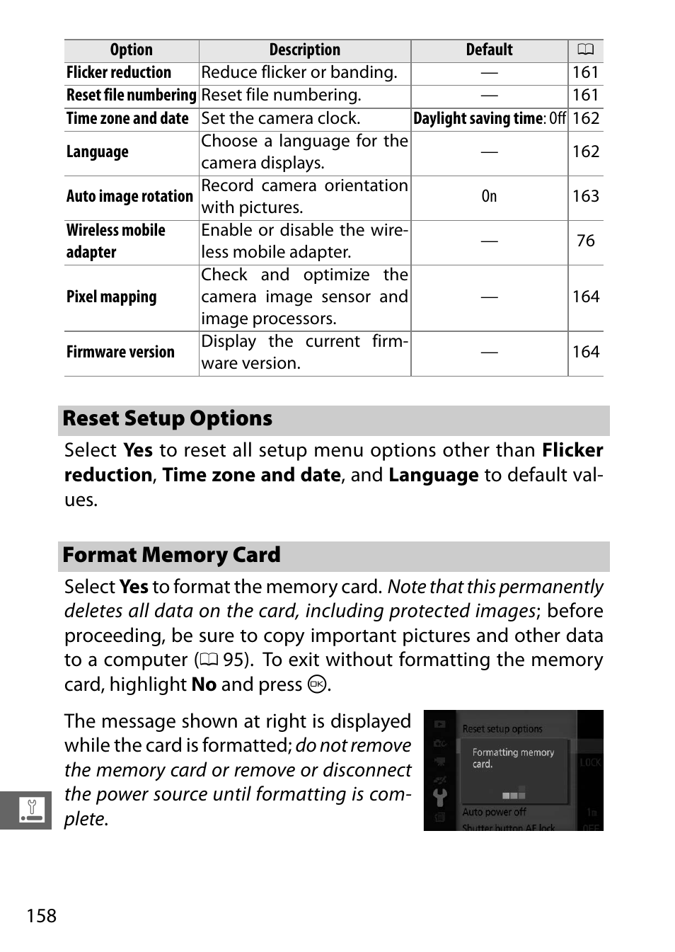 Reset setup options, Format memory card, Reset setup options format memory card | Nikon J3 User Manual | Page 178 / 234