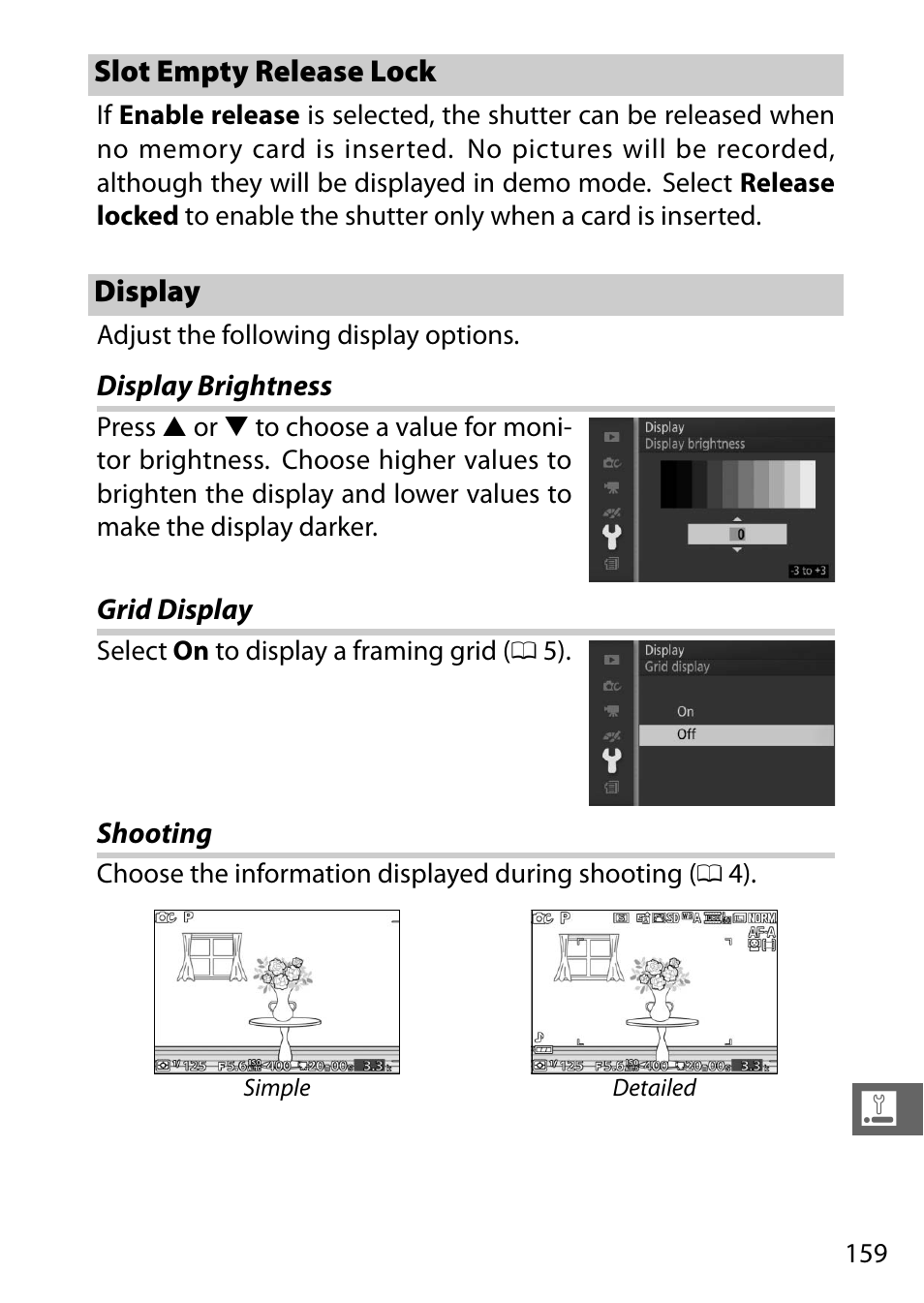 Slot empty release lock, Display, Display brightness | Grid display, Shooting, Slot empty release lock display, Display brightness grid display shooting | Nikon J3 User Manual | Page 179 / 234