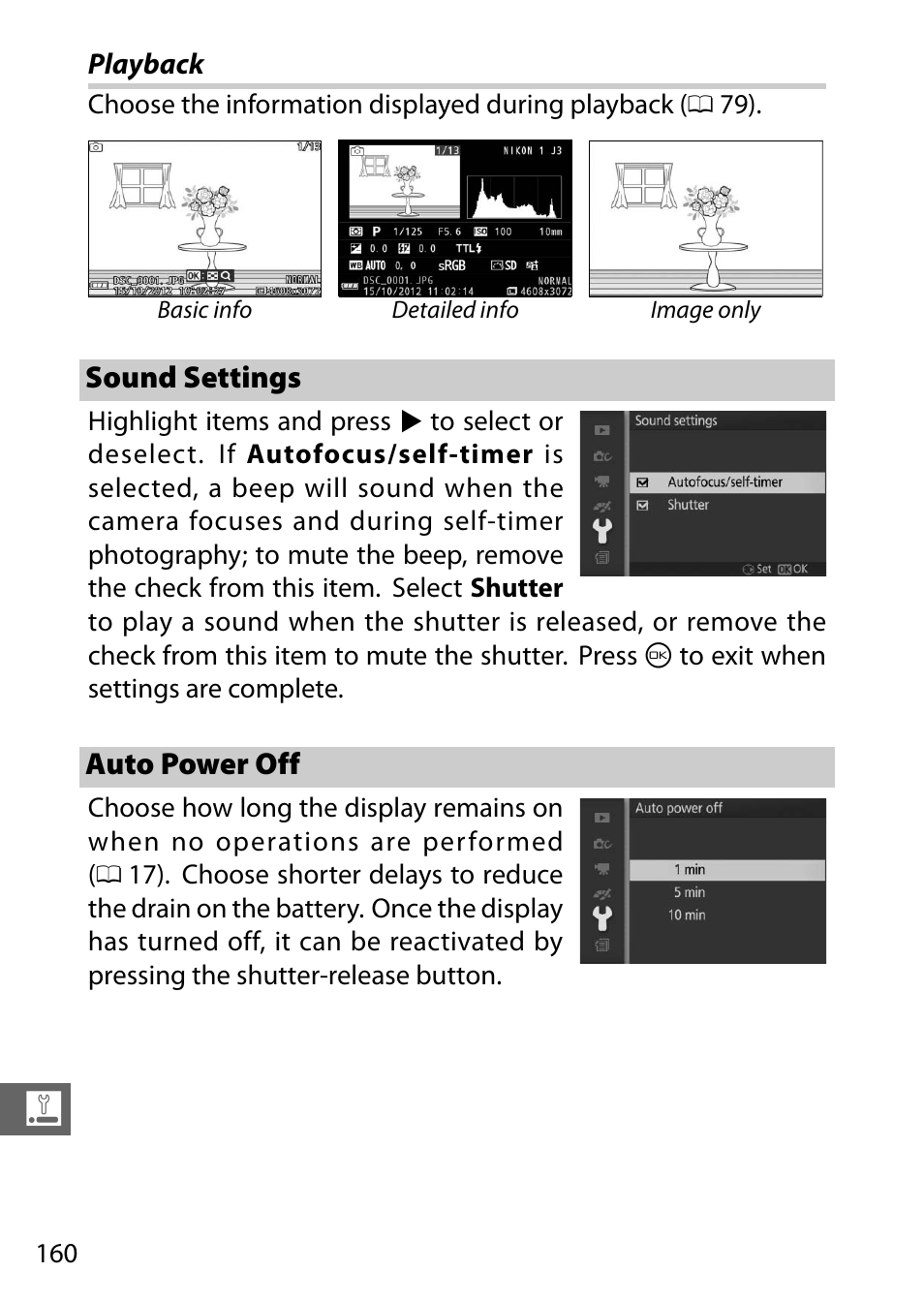 Playback, Sound settings, Auto power off | Sound settings auto power off | Nikon J3 User Manual | Page 180 / 234