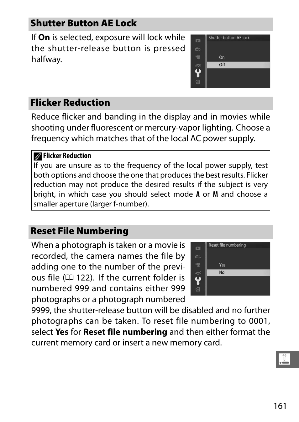 Shutter button ae lock, Flicker reduction, Reset file numbering | Nikon J3 User Manual | Page 181 / 234