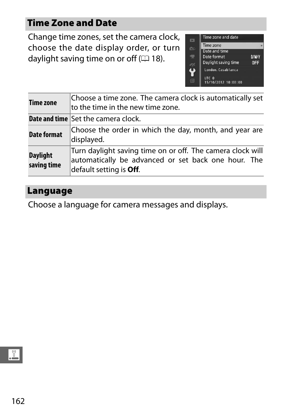 Time zone and date, Language, Time zone and date language | Nikon J3 User Manual | Page 182 / 234