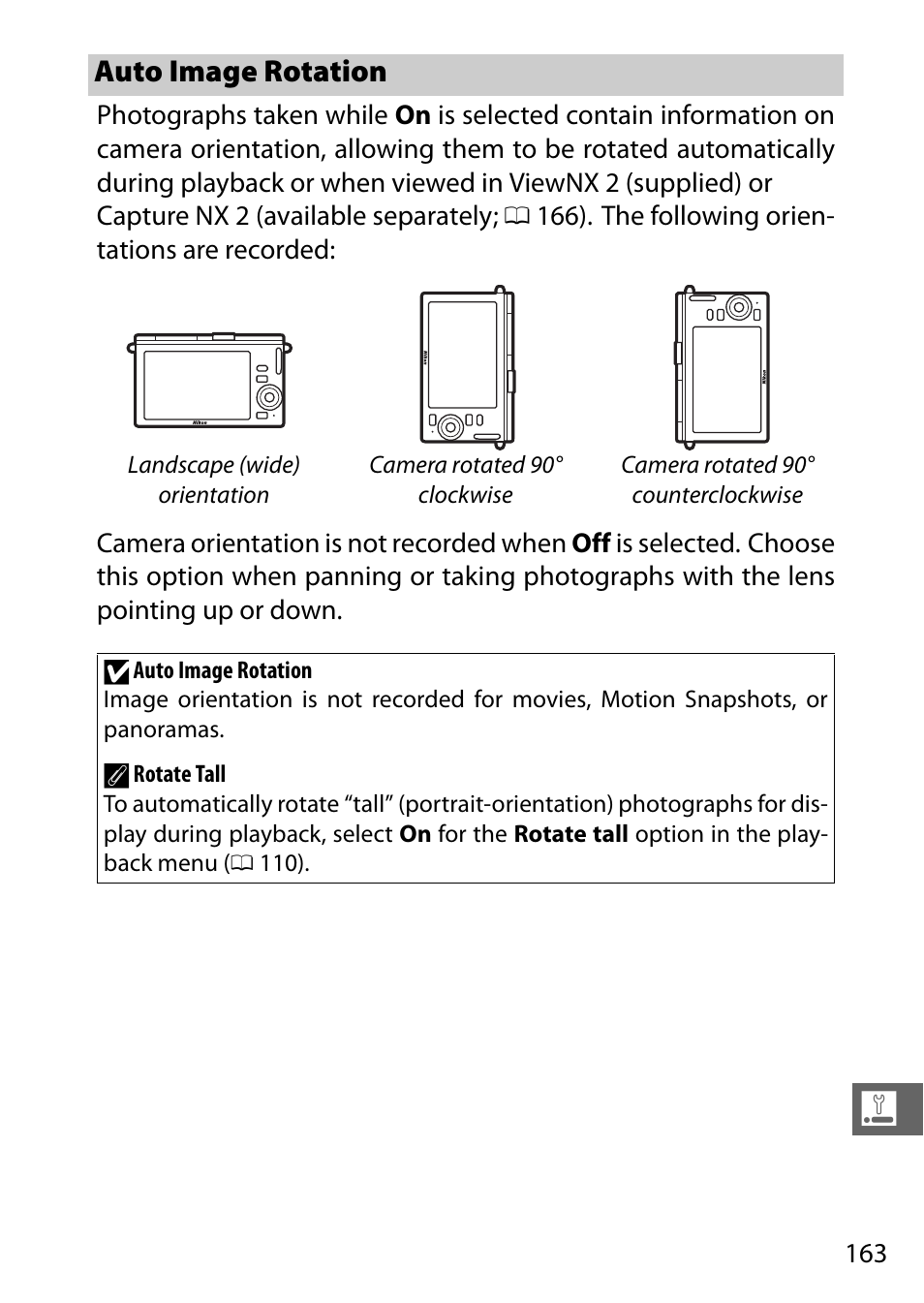 Auto image rotation, 0 163) w | Nikon J3 User Manual | Page 183 / 234