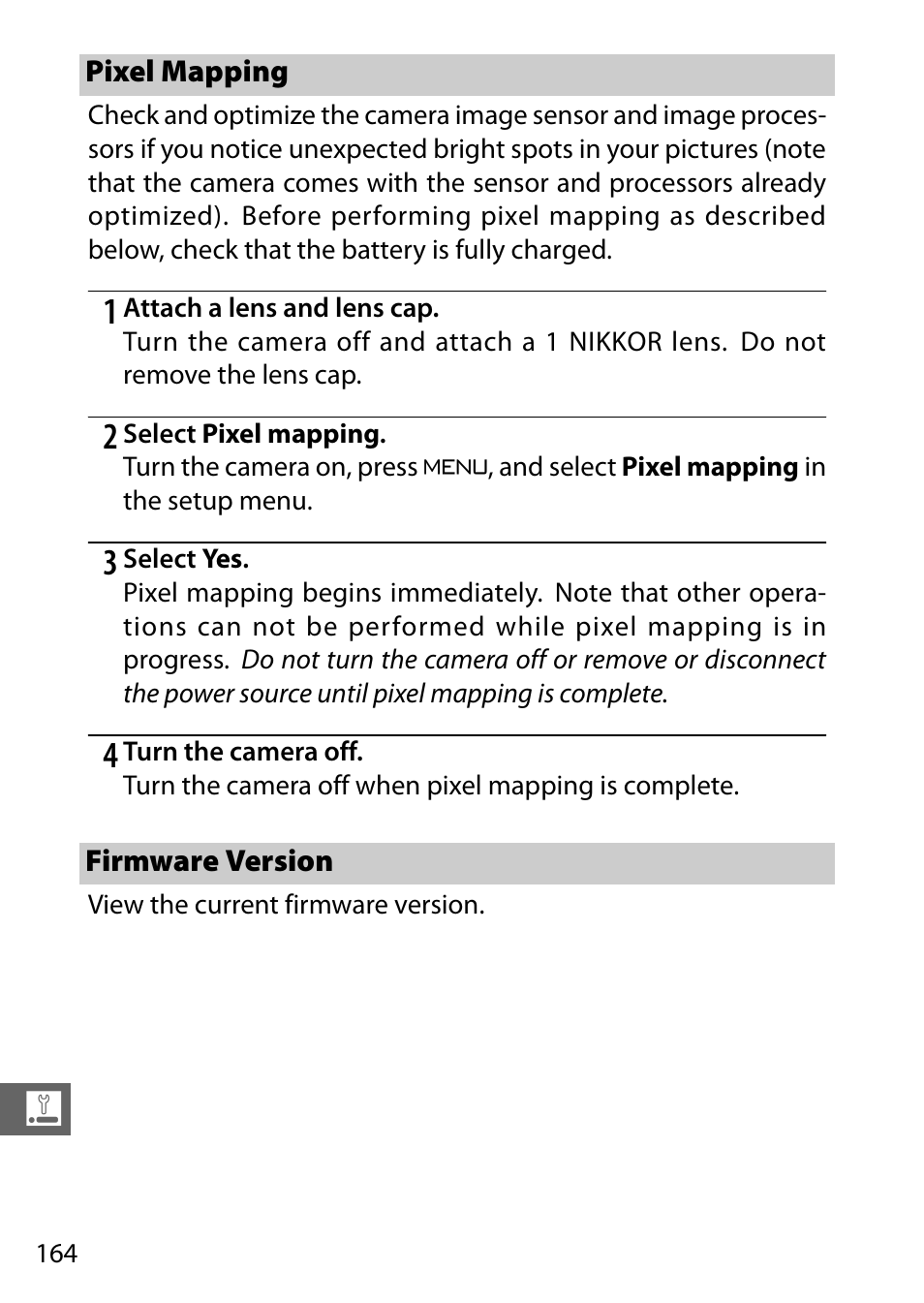 Pixel mapping, Firmware version, Pixel mapping firmware version | Nikon J3 User Manual | Page 184 / 234