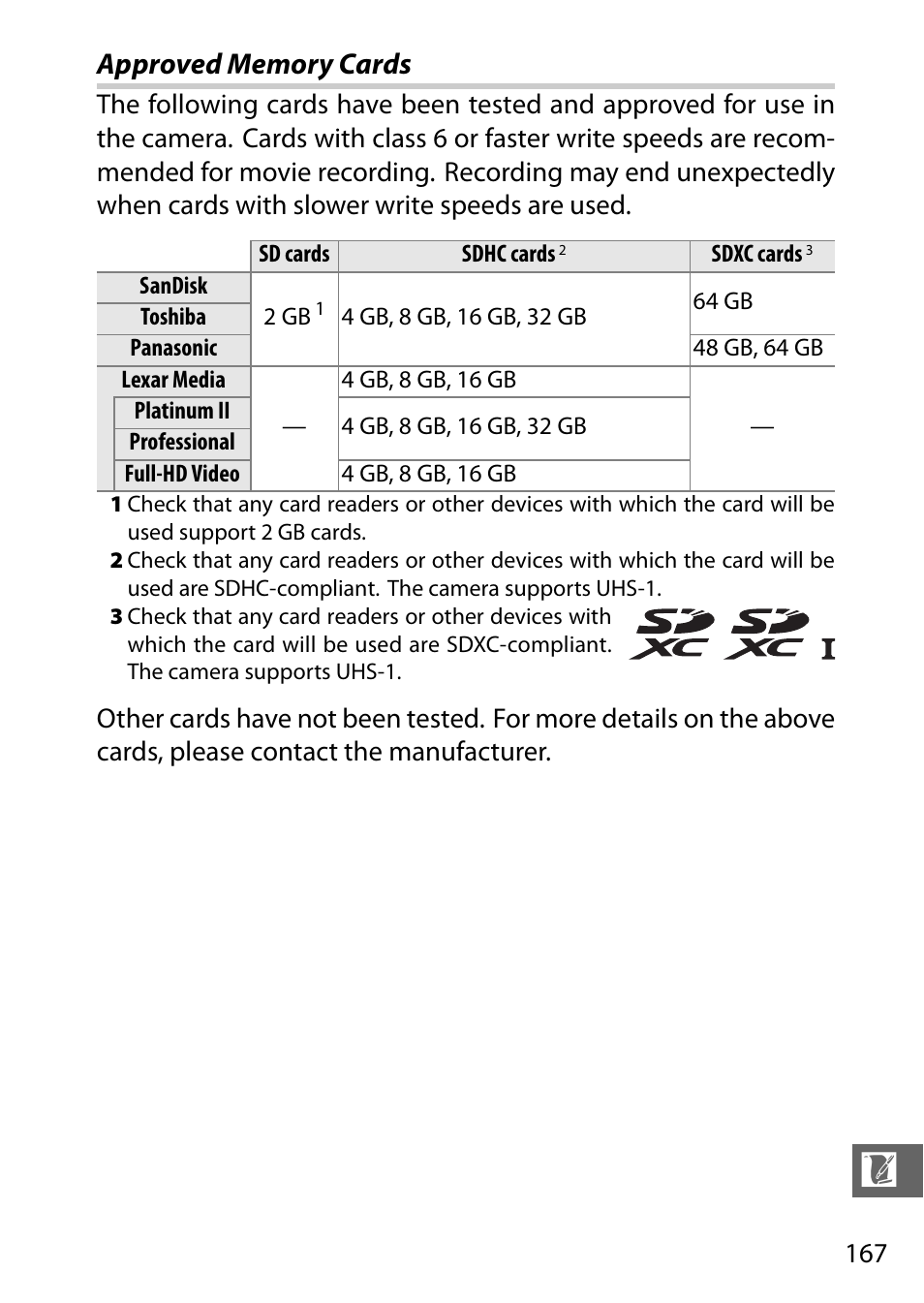 Approved memory cards | Nikon J3 User Manual | Page 187 / 234