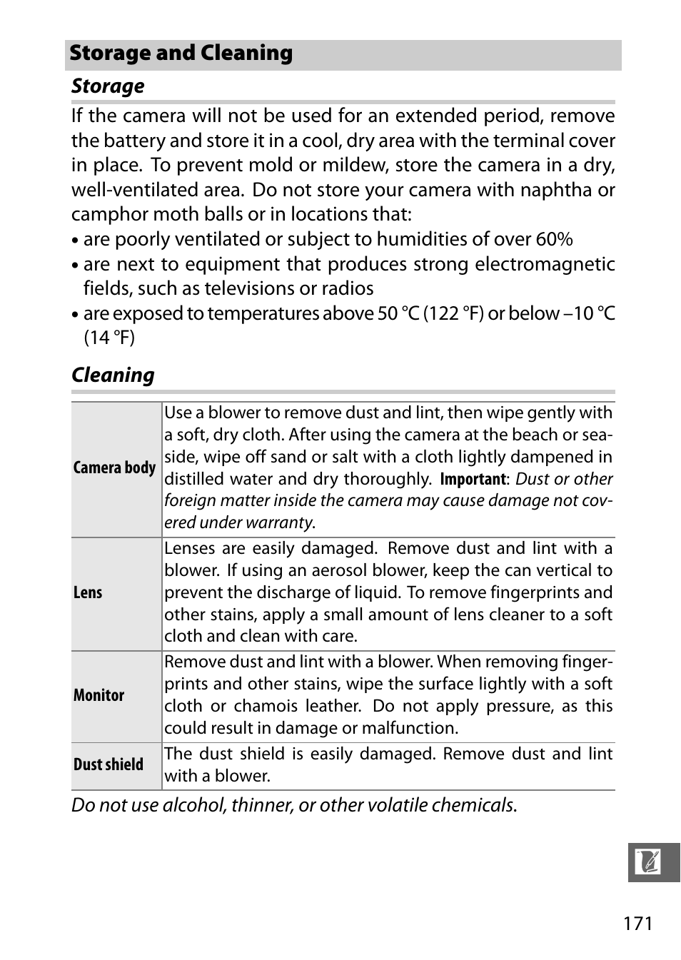 Storage and cleaning, Storage, Cleaning | Storage cleaning | Nikon J3 User Manual | Page 191 / 234