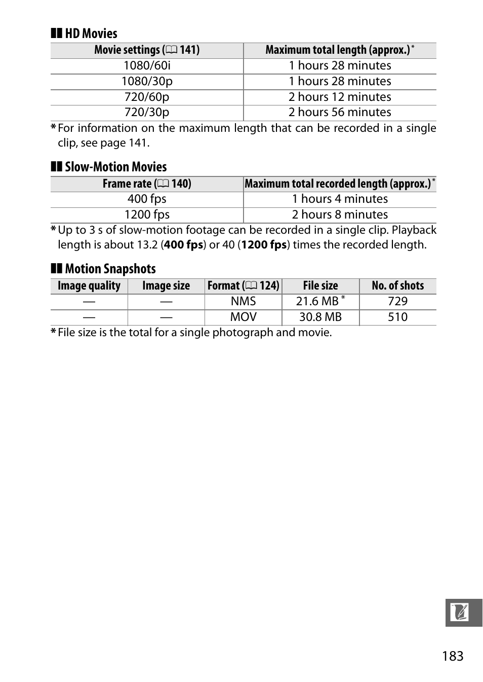 Hd movies, Slow-motion movies, Motion snapshots | Nikon J3 User Manual | Page 203 / 234