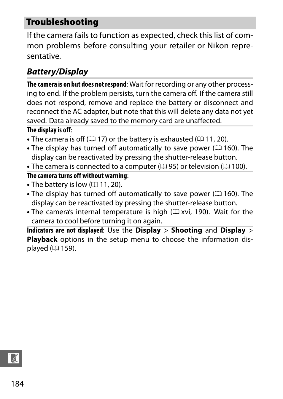 Troubleshooting, Battery/display | Nikon J3 User Manual | Page 204 / 234