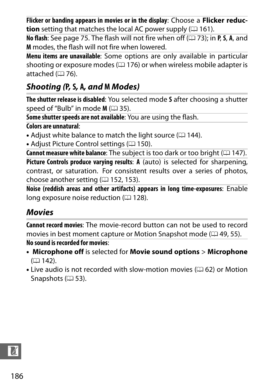 Shooting (p, s, a, and m modes), Movies, Shooting ( p , s , a , and m modes) movies | Nikon J3 User Manual | Page 206 / 234