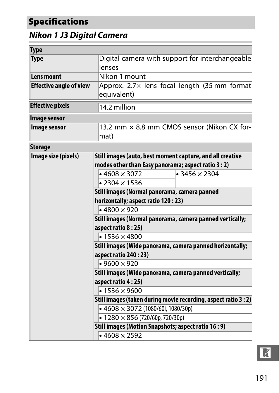 Specifications, Nikon 1 j3 digital camera | Nikon J3 User Manual | Page 211 / 234