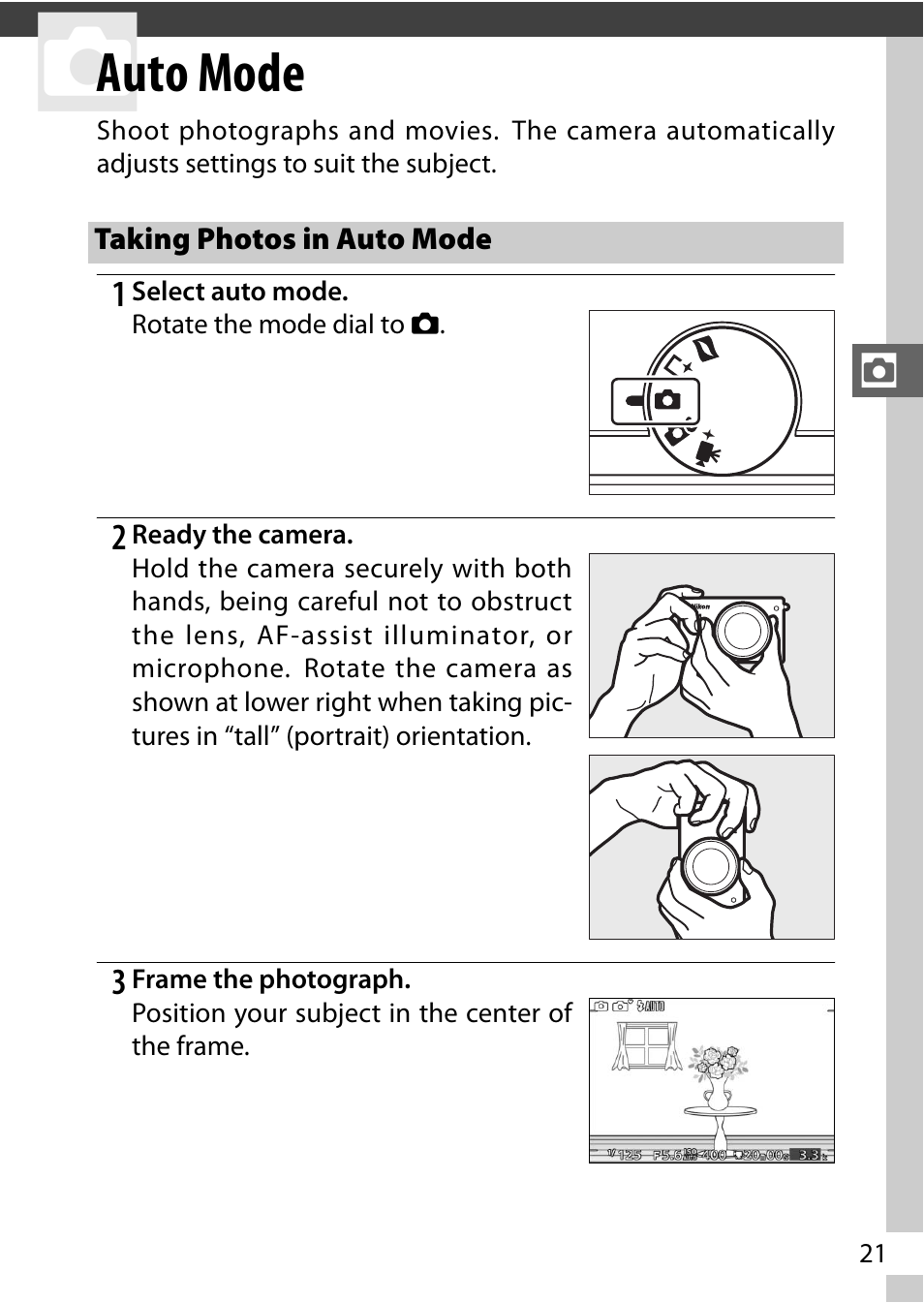 Auto mode, Taking photos in auto mode | Nikon J3 User Manual | Page 41 / 234