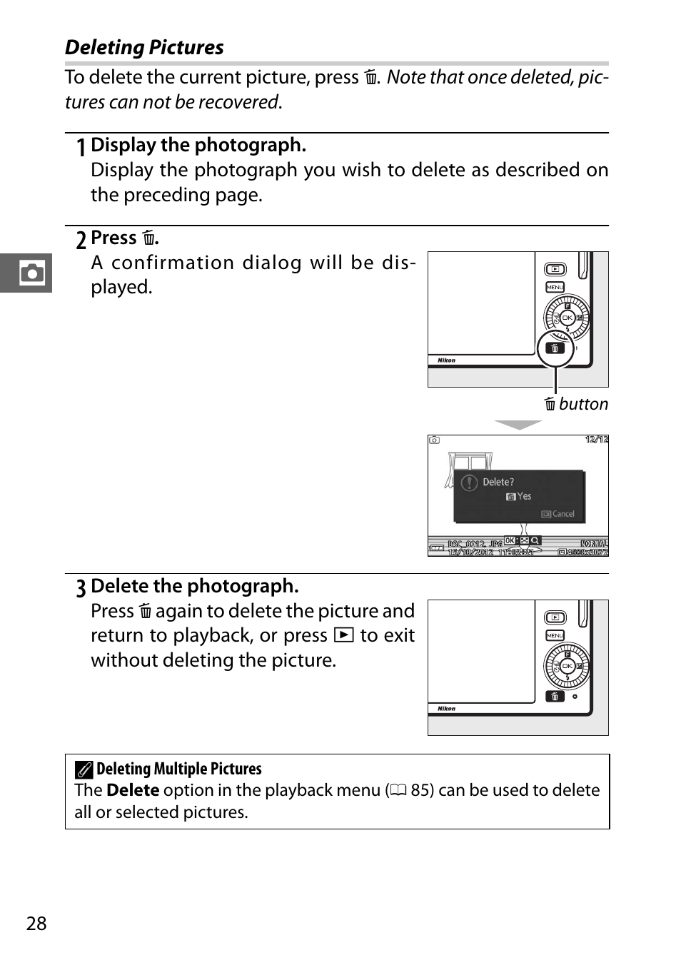 Deleting pictures | Nikon J3 User Manual | Page 48 / 234