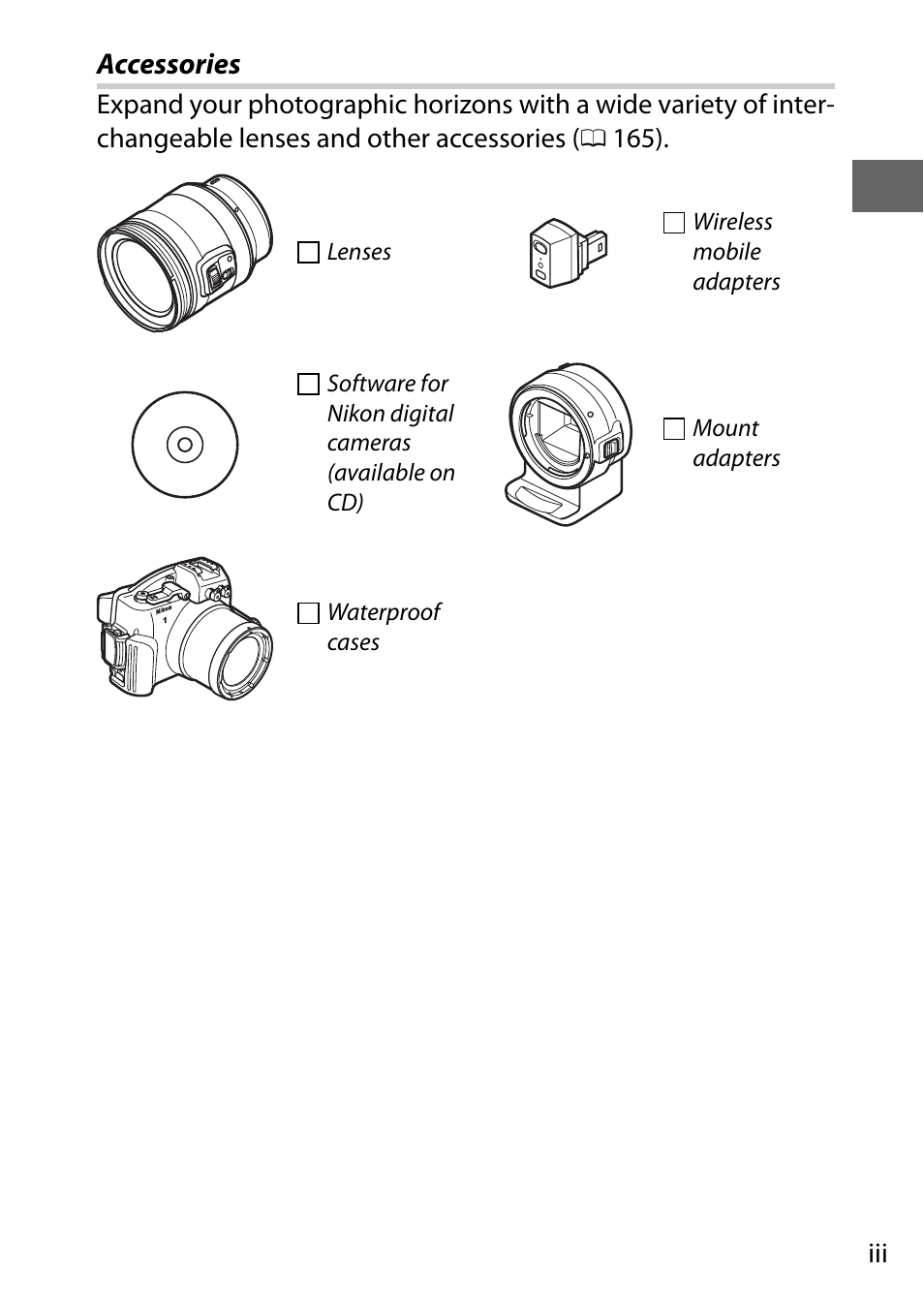 Accessories | Nikon J3 User Manual | Page 5 / 234