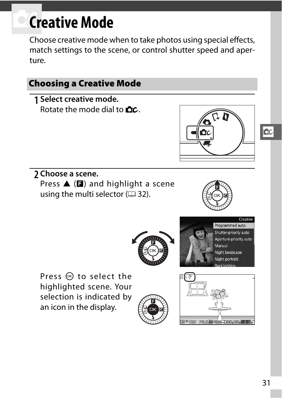 Creative mode, Choosing a creative mode, 0 31): f | Nikon J3 User Manual | Page 51 / 234