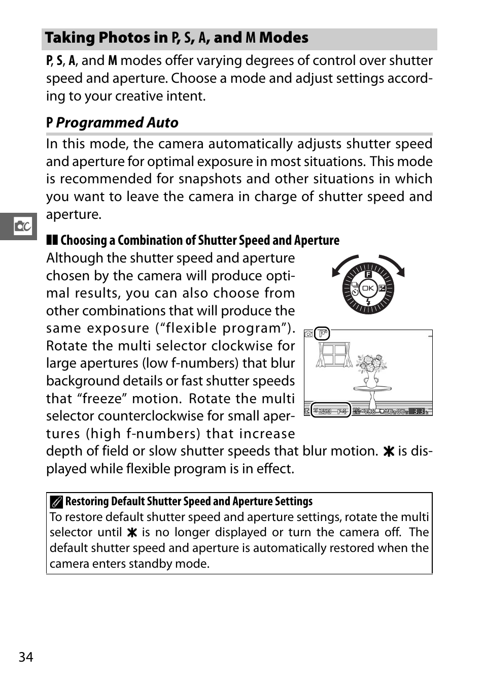 Taking photos in p, s, a, and m modes, P programmed auto, Programmed auto | Nikon J3 User Manual | Page 54 / 234