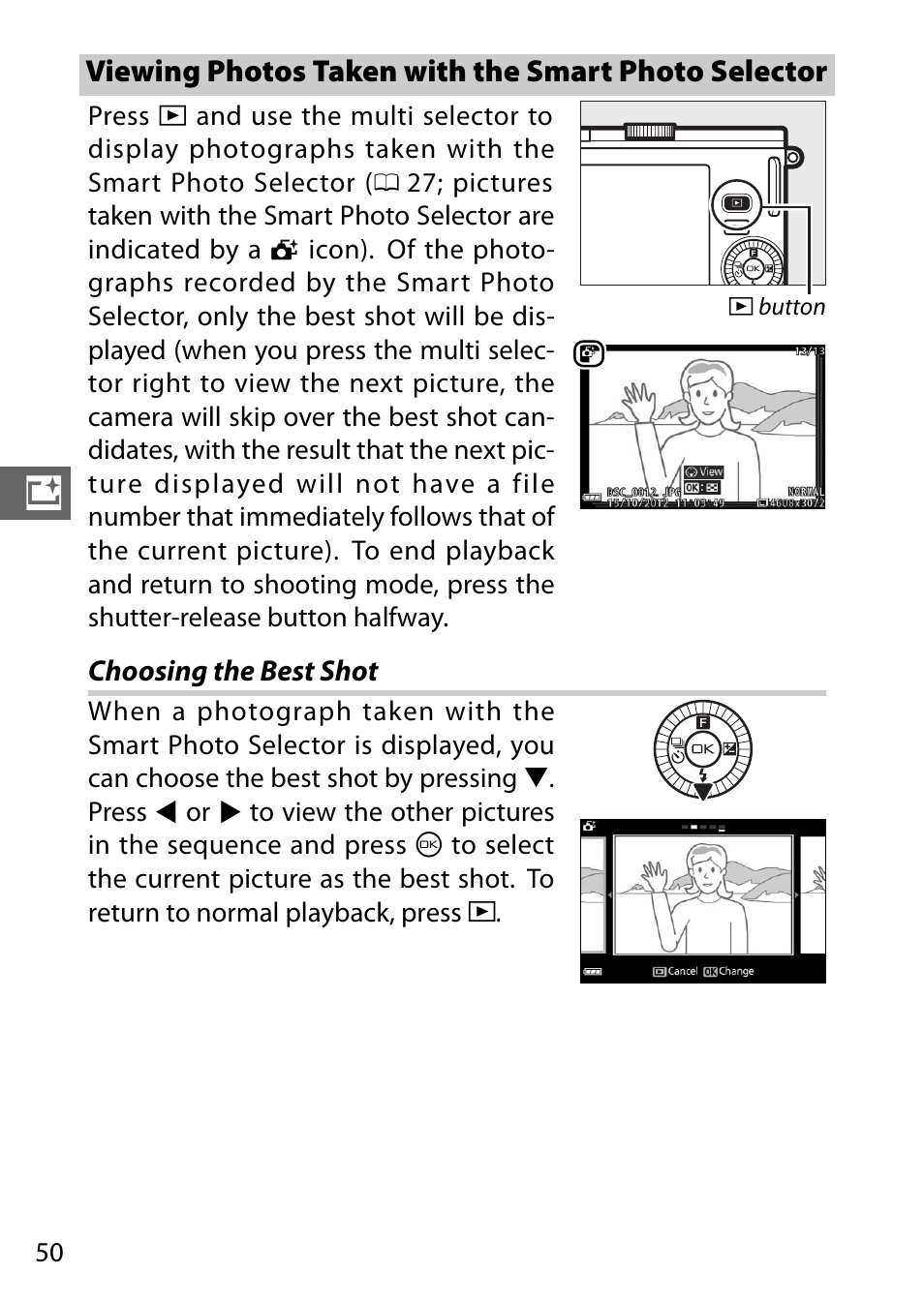 Viewing photos taken with the smart photo selector, Choosing the best shot | Nikon J3 User Manual | Page 70 / 234