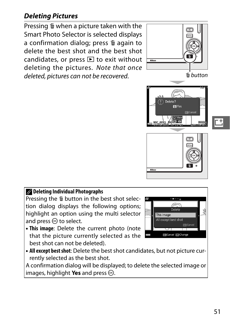 Deleting pictures | Nikon J3 User Manual | Page 71 / 234