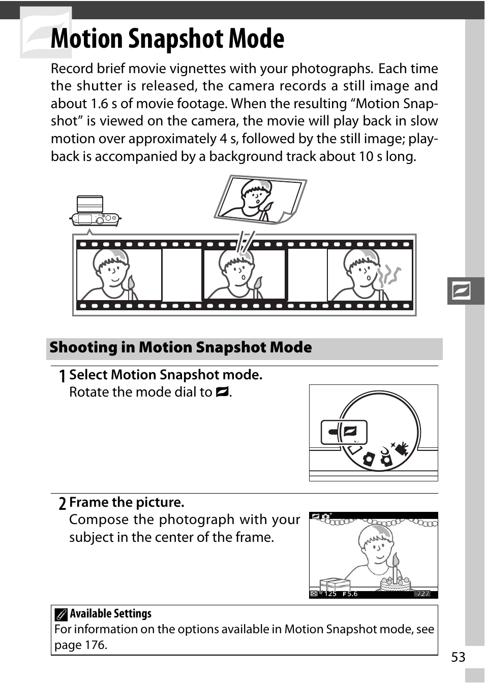 Motion snapshot mode, Shooting in motion snapshot mode | Nikon J3 User Manual | Page 73 / 234