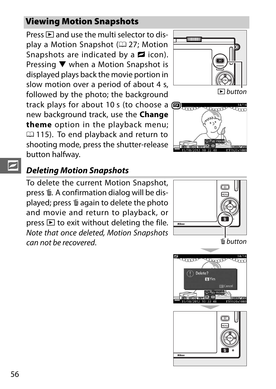 Viewing motion snapshots, Deleting motion snapshots | Nikon J3 User Manual | Page 76 / 234