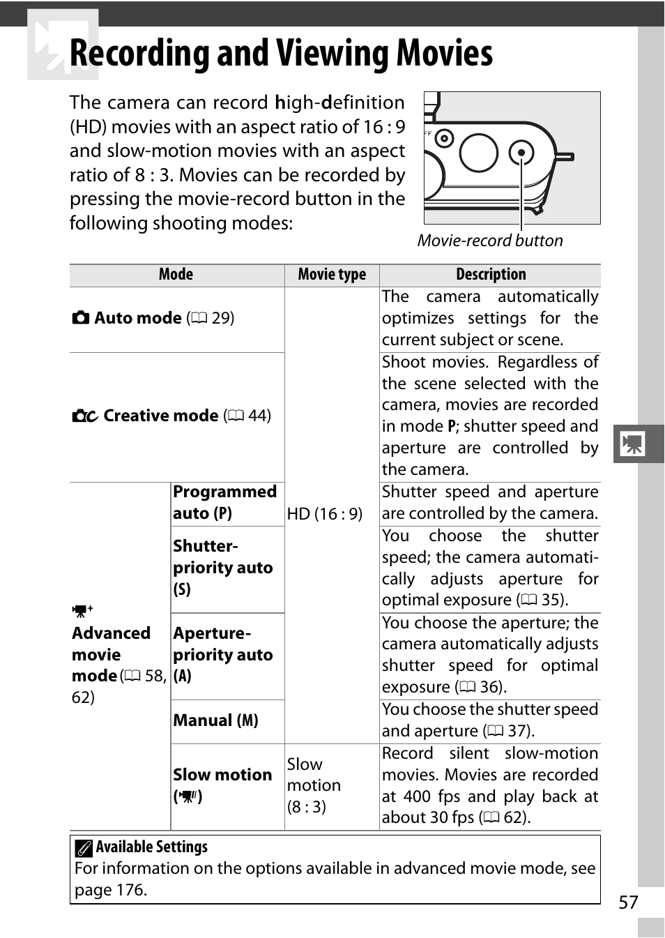 Recording and viewing movies, 0 57) mode | Nikon J3 User Manual | Page 77 / 234