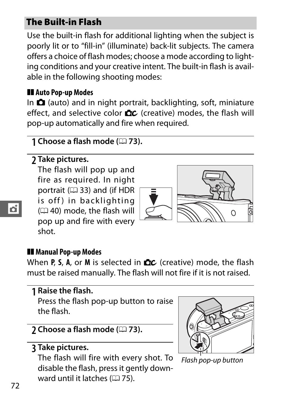 The built-in flash, Y pop up, 0 72) and the | Nikon J3 User Manual | Page 92 / 234
