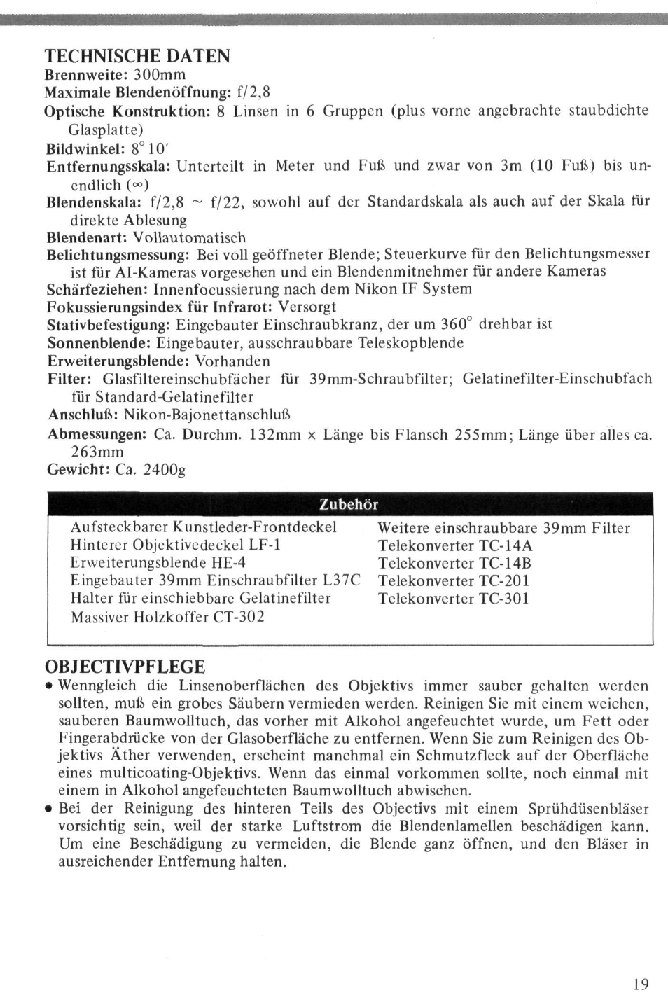 Technische daten, Objectivpflege | Nikon NIKKOR ED 300mm f-2.8 IF User Manual | Page 19 / 34