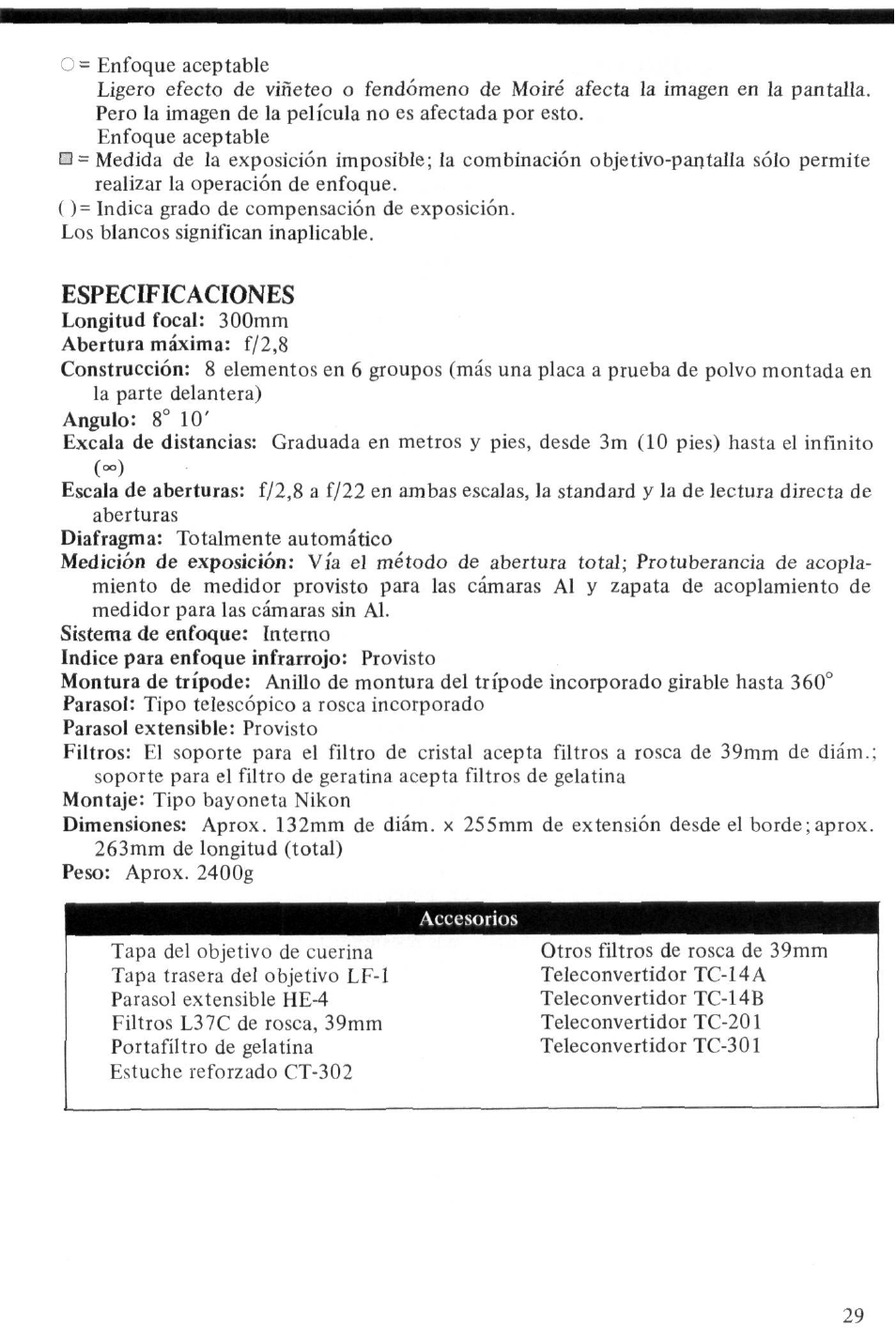 Especificaciones | Nikon NIKKOR ED 300mm f-2.8 IF User Manual | Page 29 / 34