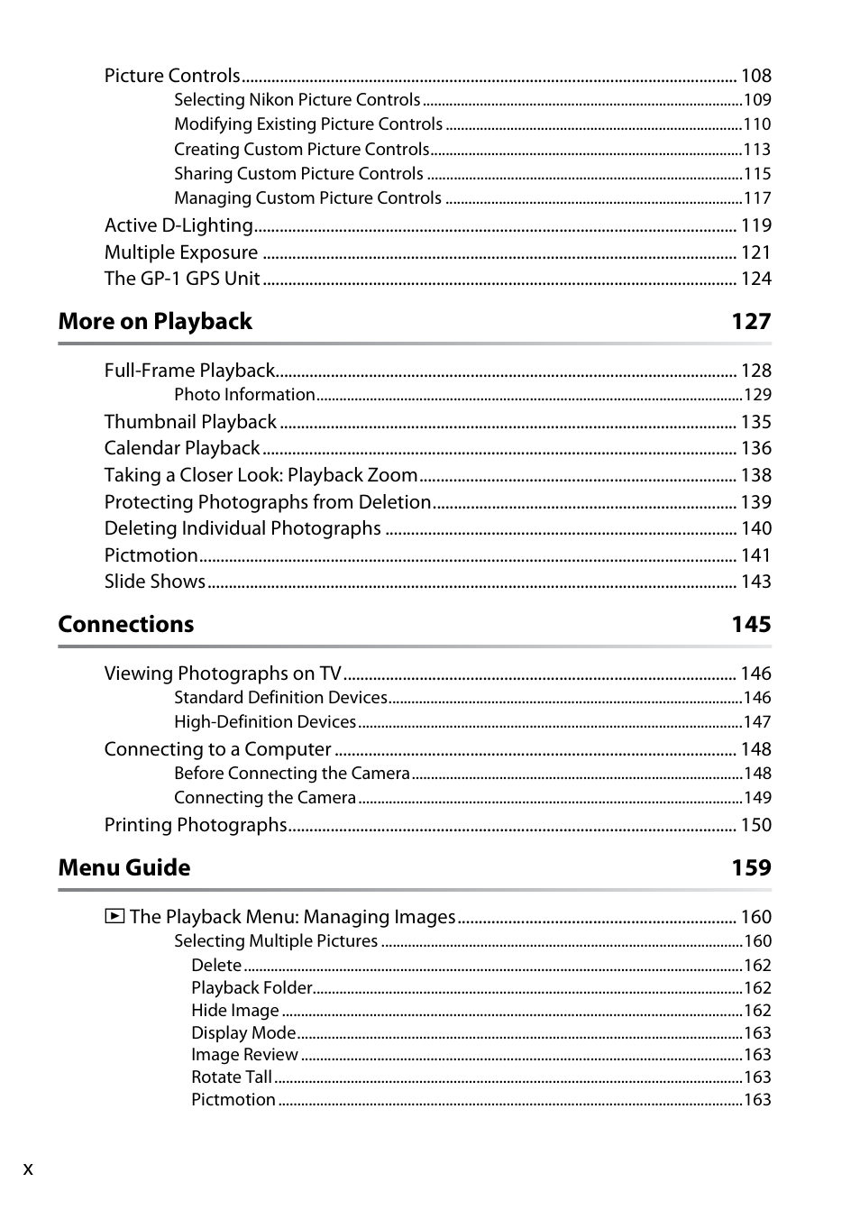 More on playback 127, Connections 145, Menu guide 159 | Nikon D90 User Manual | Page 12 / 300