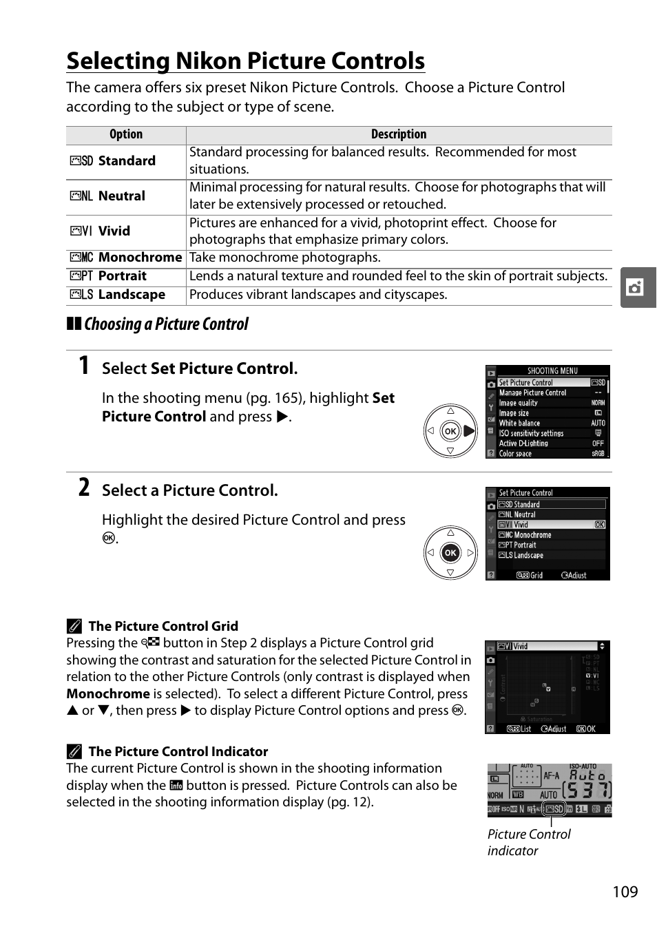 Selecting nikon picture controls, Choosing a picture control | Nikon D90 User Manual | Page 129 / 300