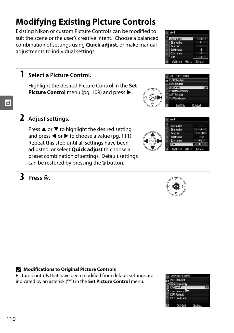 Modifying existing picture controls | Nikon D90 User Manual | Page 130 / 300