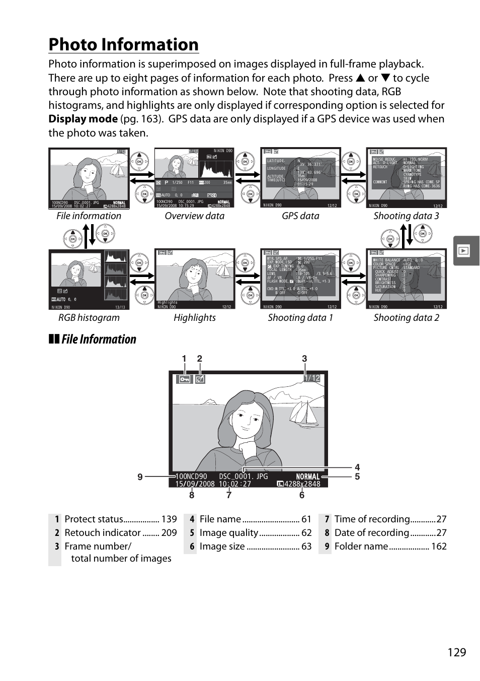 Photo information, File information, 0001. jpg | Nikon D90 User Manual | Page 149 / 300