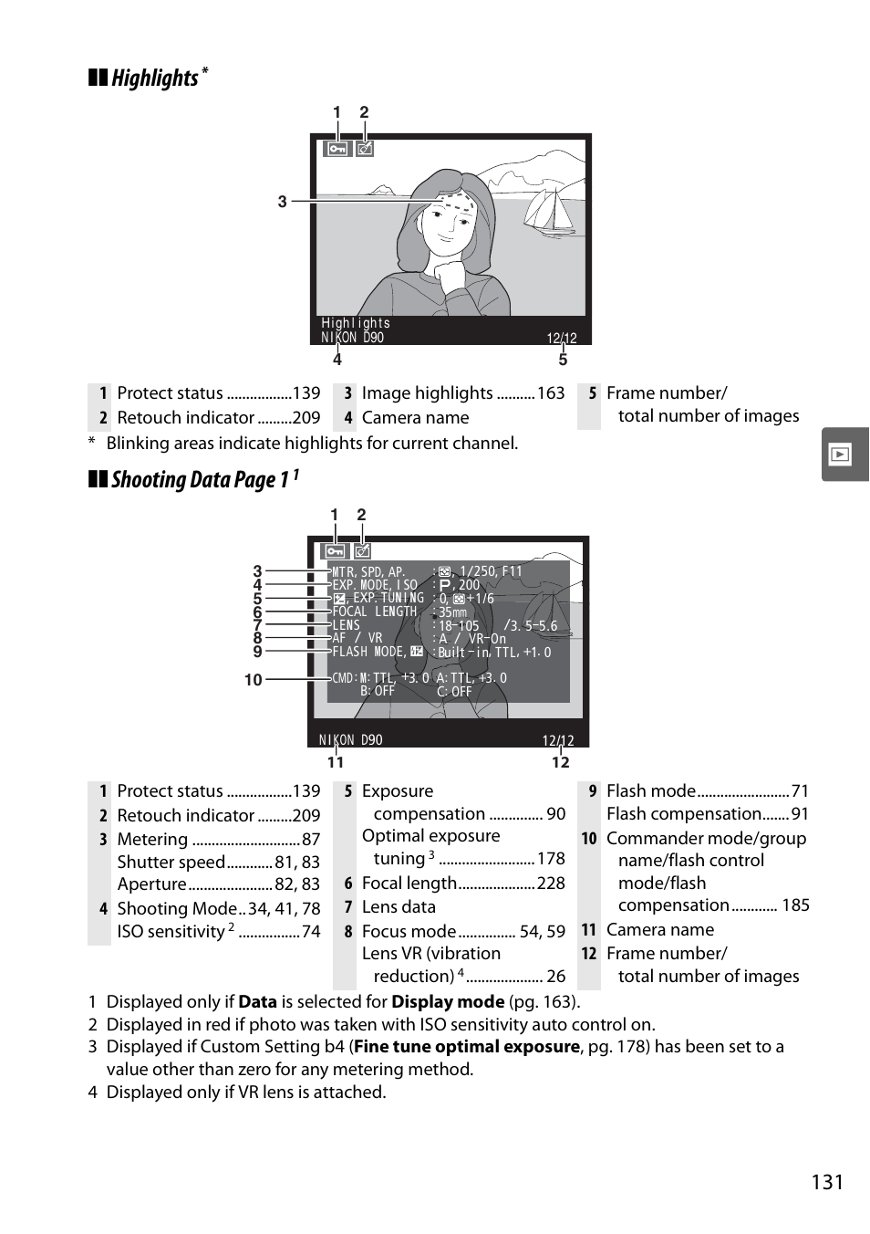 Highlights, Shooting data page 1 | Nikon D90 User Manual | Page 151 / 300