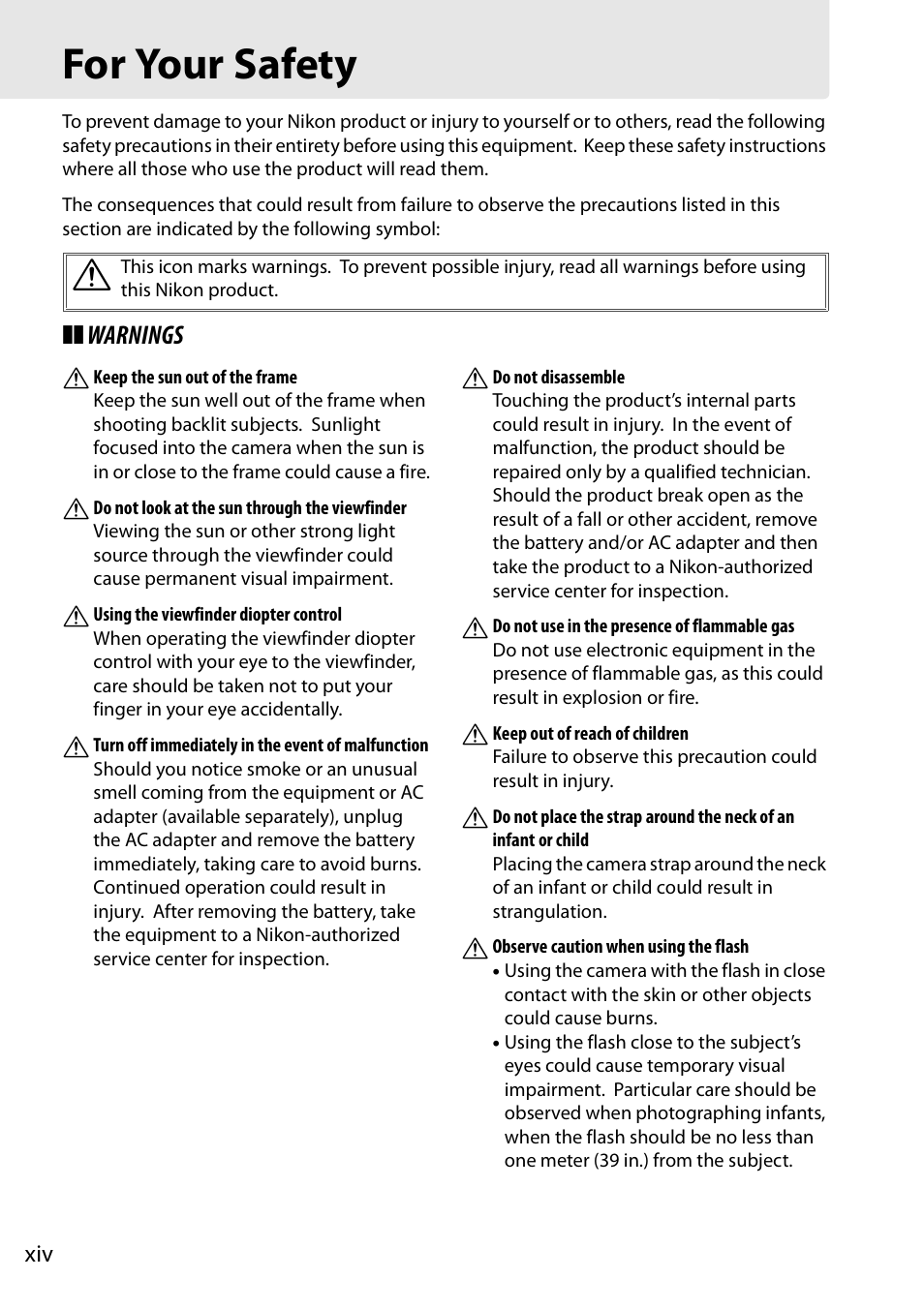 For your safety, Warnings a | Nikon D90 User Manual | Page 16 / 300