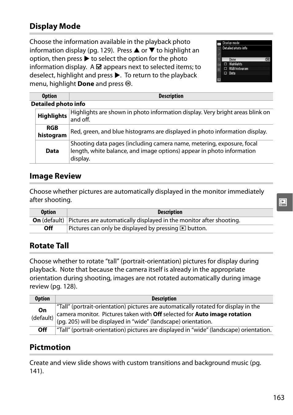 Display mode, Image review, Rotate tall | Pictmotion | Nikon D90 User Manual | Page 183 / 300