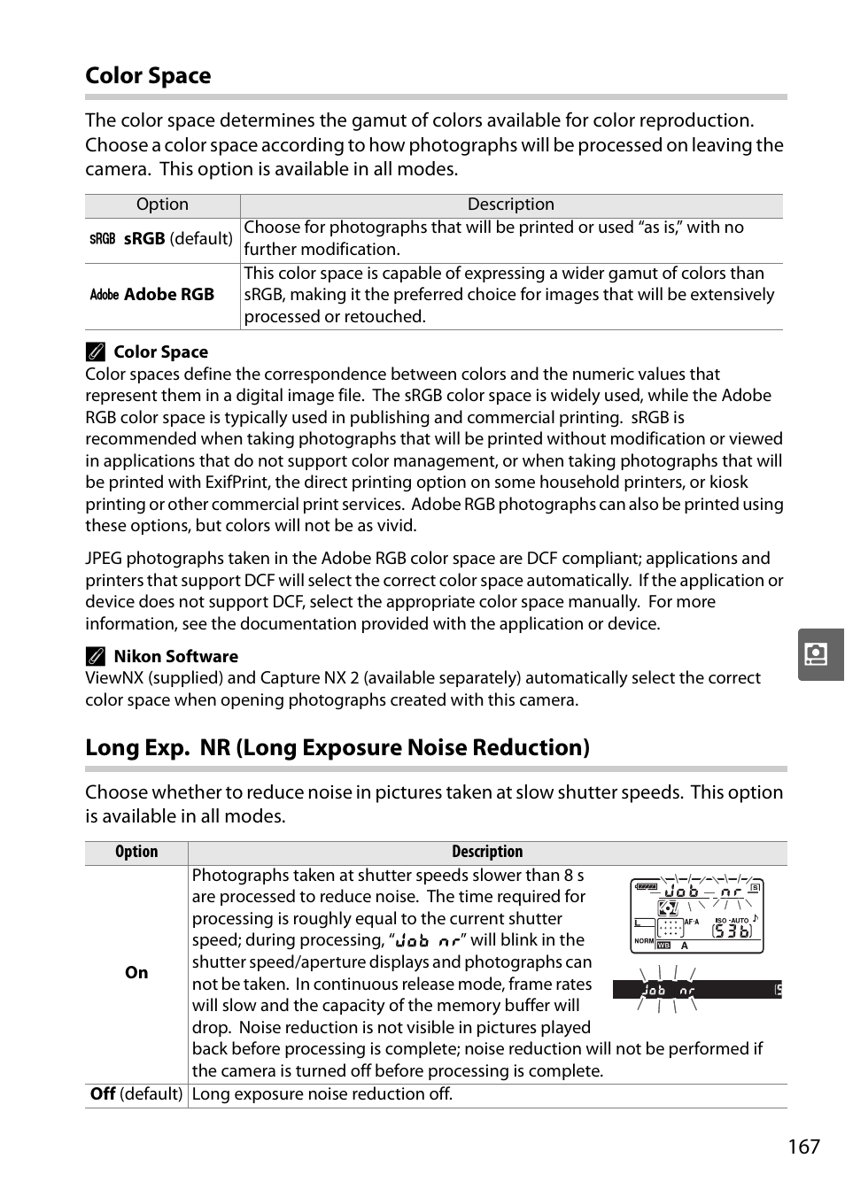 Color space, Long exp. nr (long exposure noise reduction) | Nikon D90 User Manual | Page 187 / 300