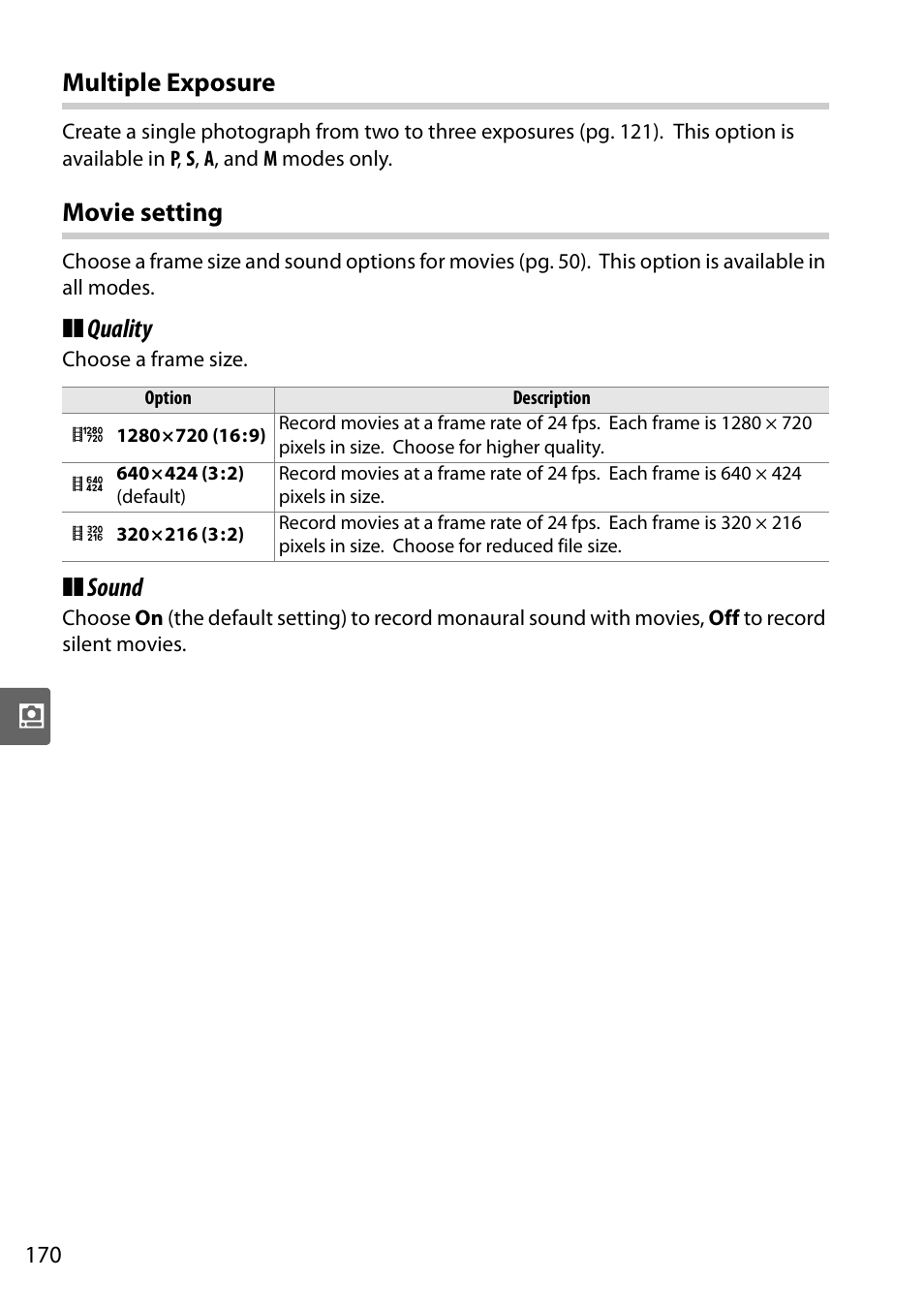 Multiple exposure, Movie setting, Quality | Sound | Nikon D90 User Manual | Page 190 / 300