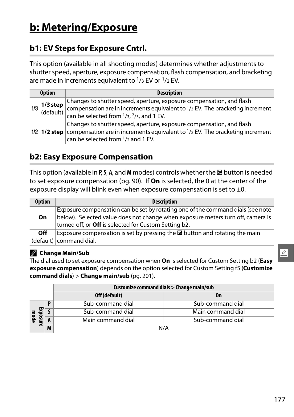 B: metering/exposure, B1: ev steps for exposure cntrl, B2: easy exposure compensation | Nikon D90 User Manual | Page 197 / 300