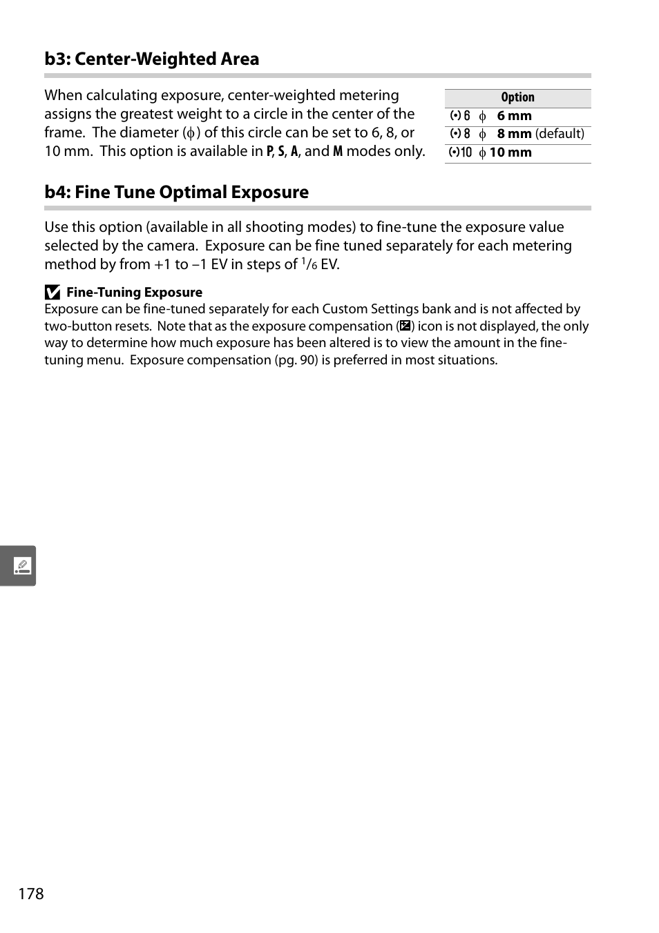 B3: center-weighted area, B4: fine tune optimal exposure | Nikon D90 User Manual | Page 198 / 300
