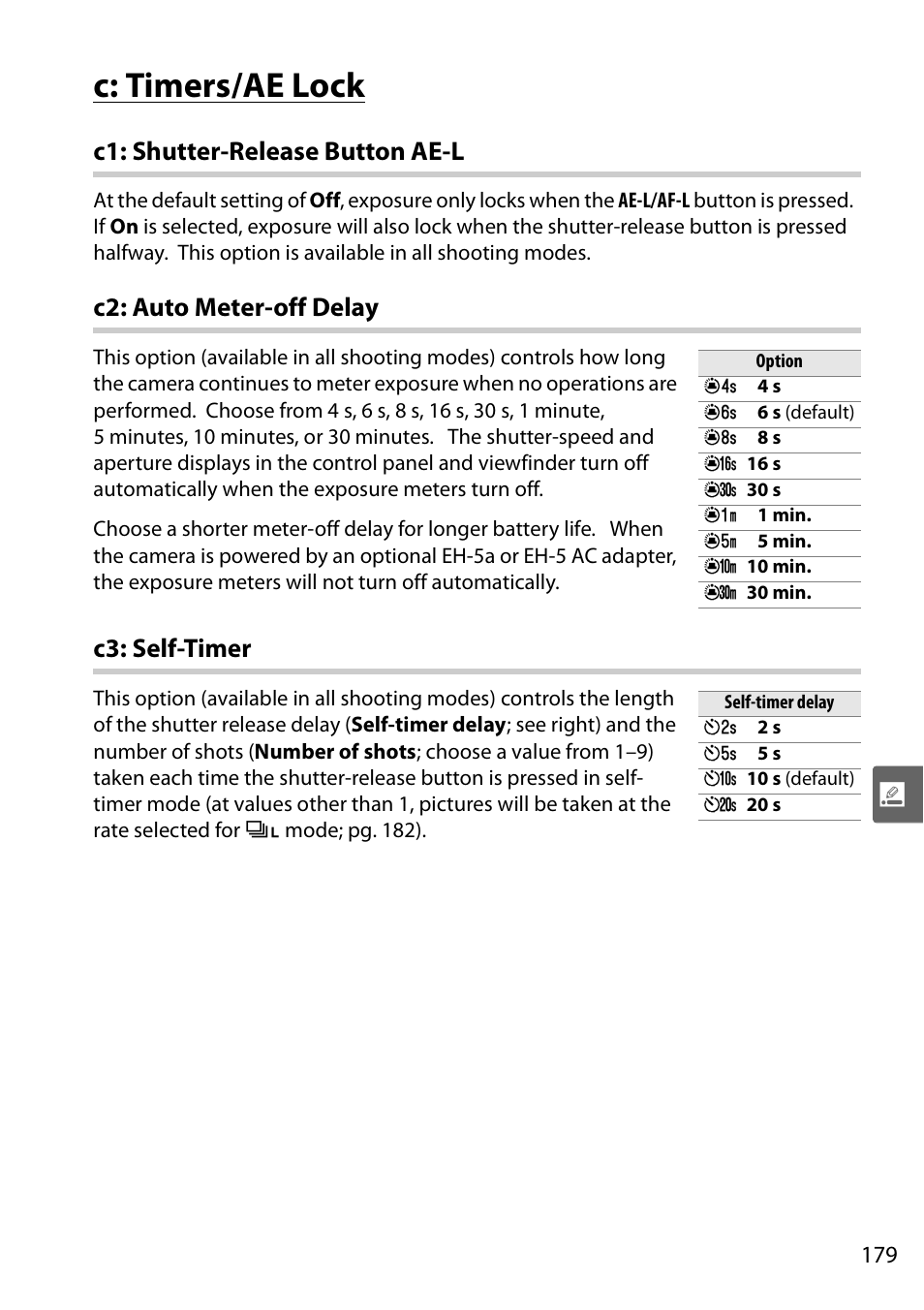 C: timers/ae lock, C1: shutter-release button ae-l, C2: auto meter-off delay | C3: self-timer, C2: auto meter-off delay c3: self-timer | Nikon D90 User Manual | Page 199 / 300