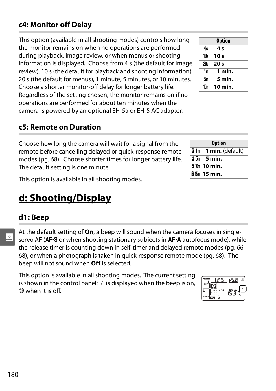 C4: monitor off delay, C5: remote on duration, D: shooting/display | D1: beep, C4: monitor off delay c5: remote on duration | Nikon D90 User Manual | Page 200 / 300