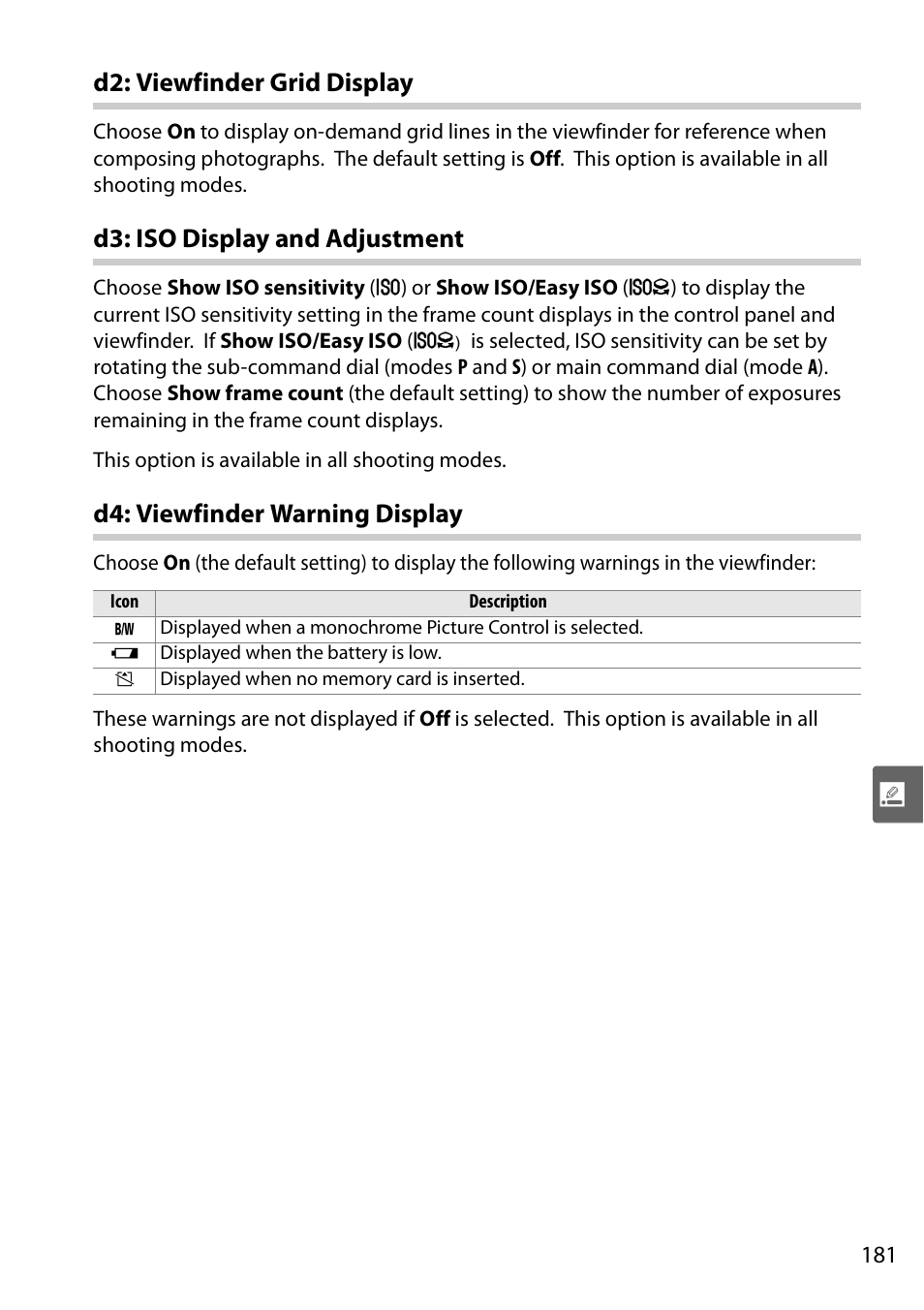 D2: viewfinder grid display, D3: iso display and adjustment, D4: viewfinder warning display | Nikon D90 User Manual | Page 201 / 300