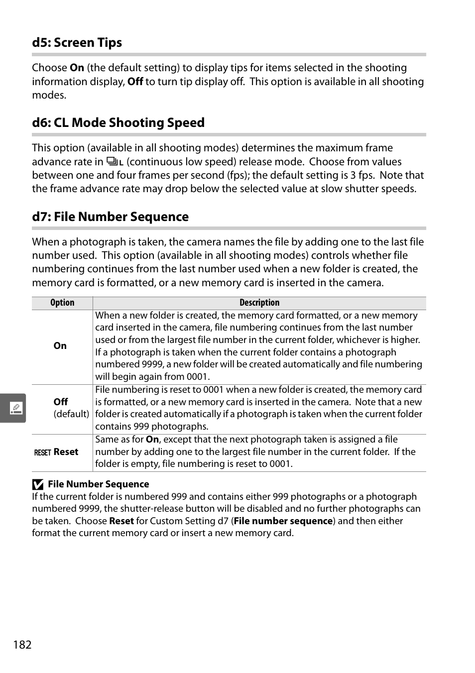 D5: screen tips, D6: cl mode shooting speed, D7: file number sequence | Nikon D90 User Manual | Page 202 / 300