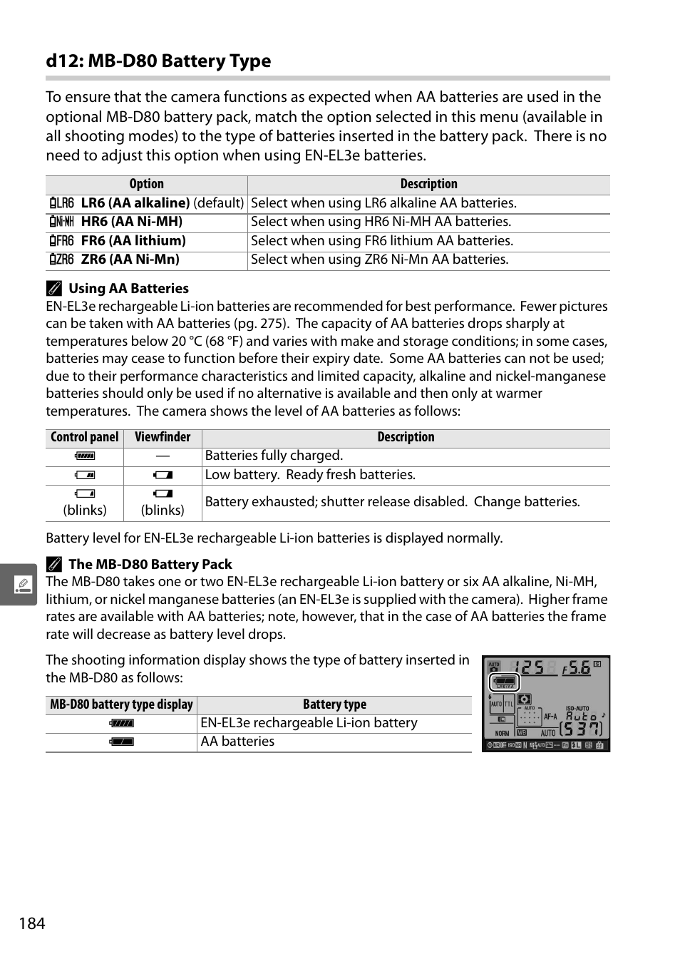 D12: mb-d80 battery type | Nikon D90 User Manual | Page 204 / 300